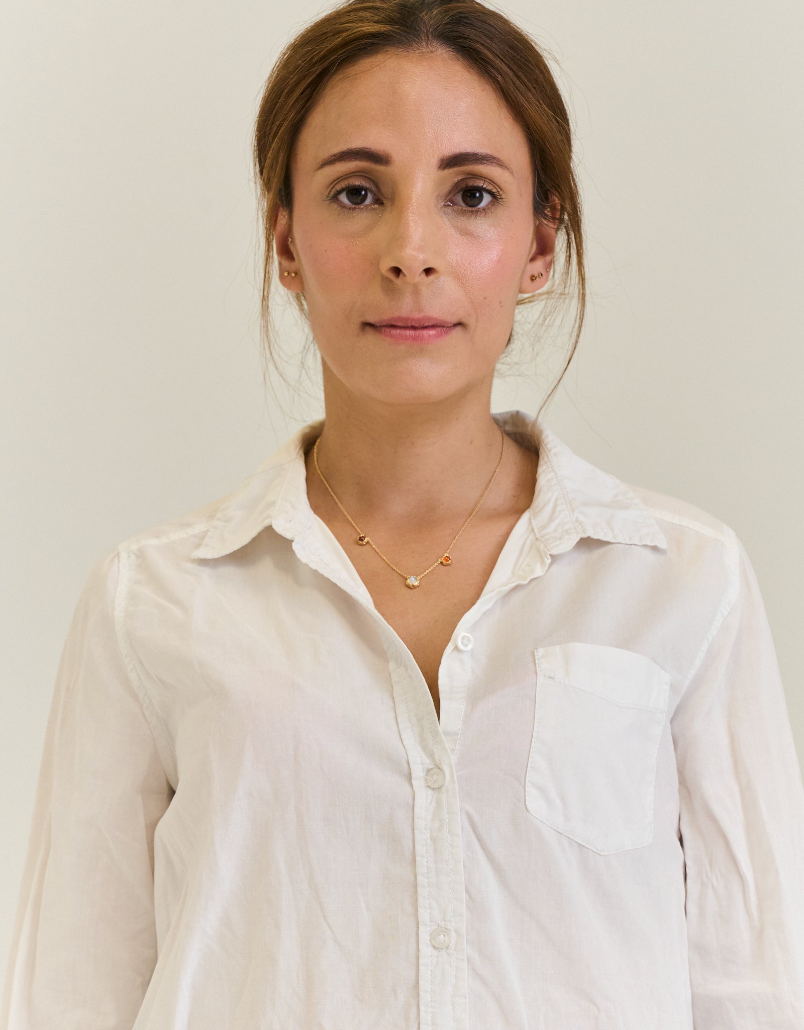 Model wearing No.2 Balance gold vermeil crystal necklace by Amiyha
